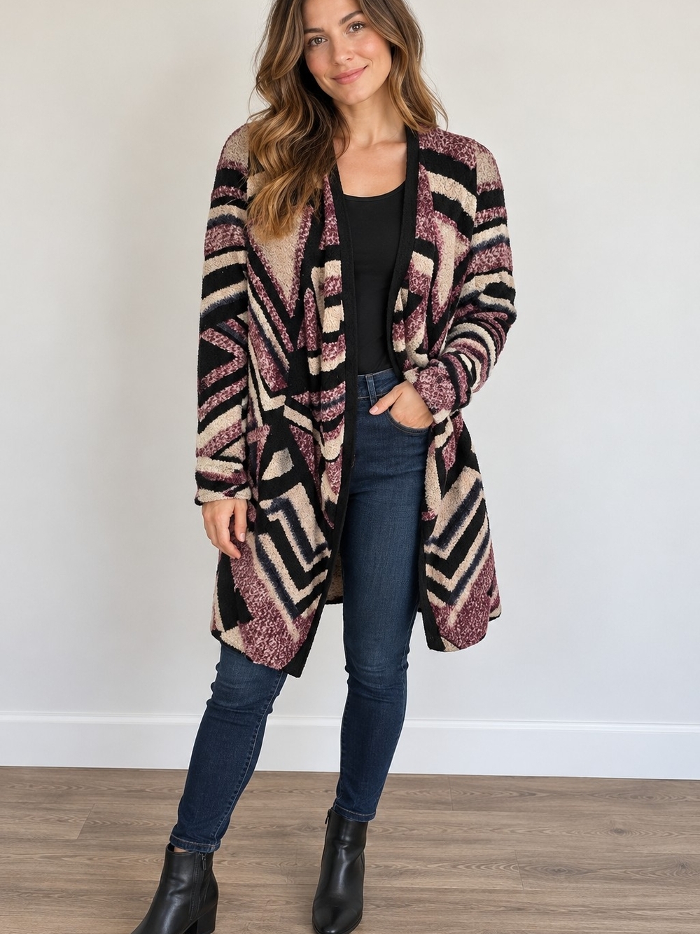 Lucky Brand Open-Front Geometric Cardigan in Black & Mauve